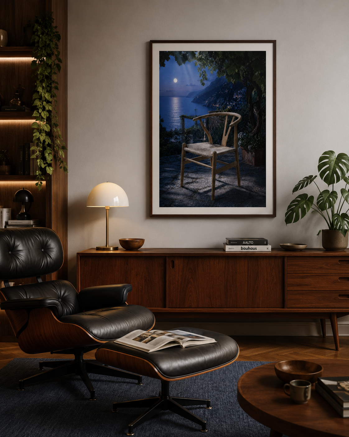 A framed art print depicting a wooden chair by a lake at night under a full moon, displayed on a light gray wall in a modern, warm-toned living room setting.
