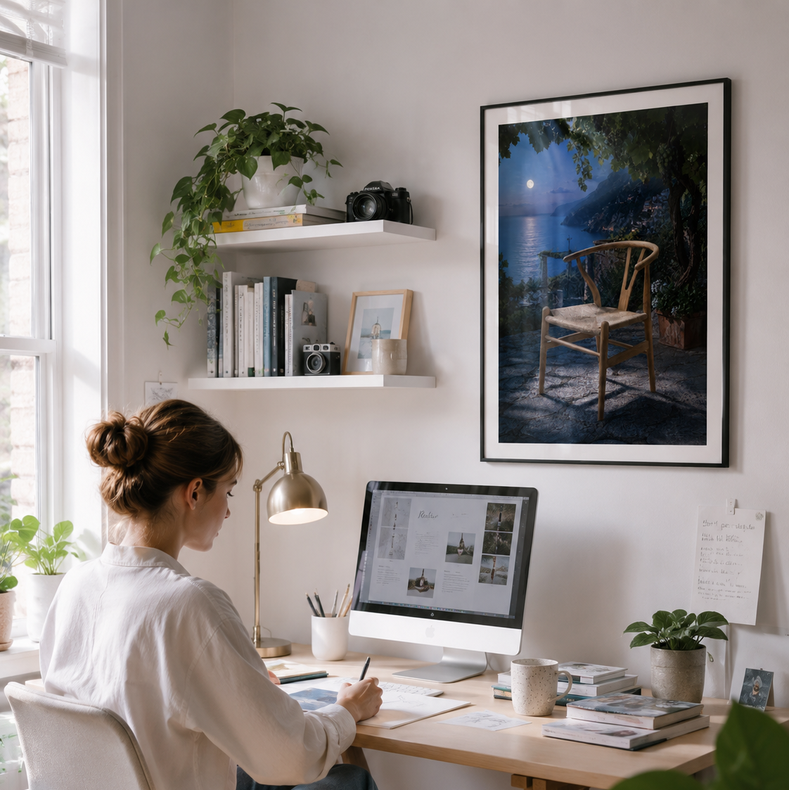 A woman sits at a desk working on a computer in a bright, modern home office. The room features a large framed art print on the wall depicting a chair under a full moon, white floating shelves with books and plants, and a warm, natural light ambiance.