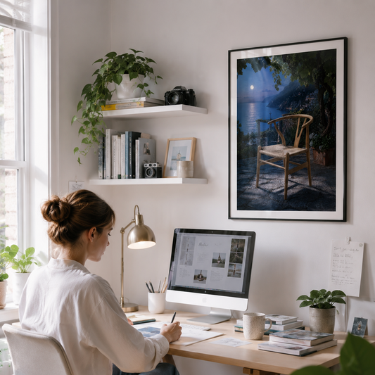 A woman sits at a desk working on a computer in a bright, modern home office. The room features a large framed art print on the wall depicting a chair under a full moon, white floating shelves with books and plants, and a warm, natural light ambiance.