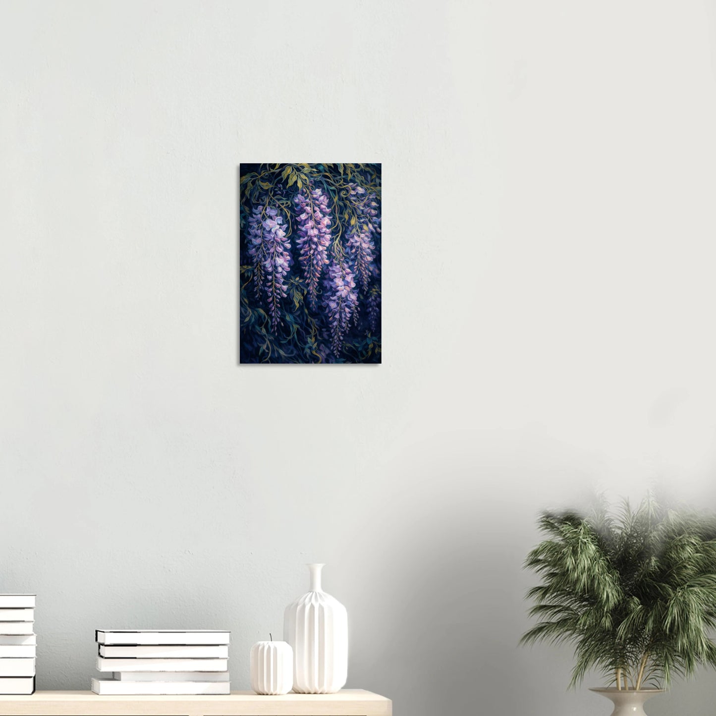 Wisteria After Dark is a print that fills a room with atmosphere. Long, cascading racemes of soft lilac and pale lavender wisteria tumble from a canopy of dark teal-green foliage against a deep navy background, lush, painterly and completely immersive, the kind of botanical that feels like stepping into a secret garden at dusk.

This print captures the romantic abundance of wisteria in full bloom, rendered with an impressionistic richness that makes every petal feel alive with colour and movement.