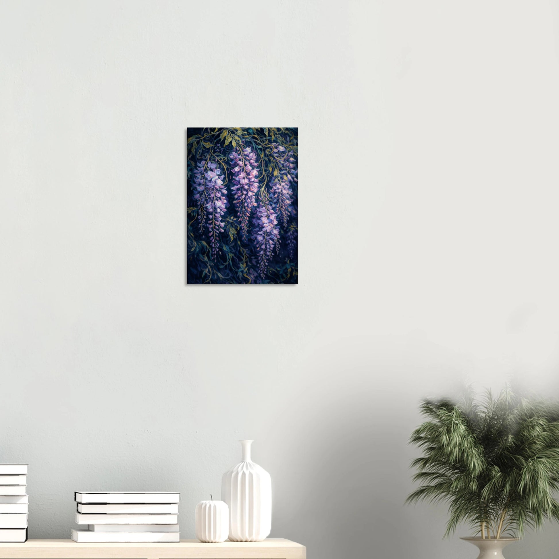Wisteria After Dark is a print that fills a room with atmosphere. Long, cascading racemes of soft lilac and pale lavender wisteria tumble from a canopy of dark teal-green foliage against a deep navy background, lush, painterly and completely immersive, the kind of botanical that feels like stepping into a secret garden at dusk.

This print captures the romantic abundance of wisteria in full bloom, rendered with an impressionistic richness that makes every petal feel alive with colour and movement.