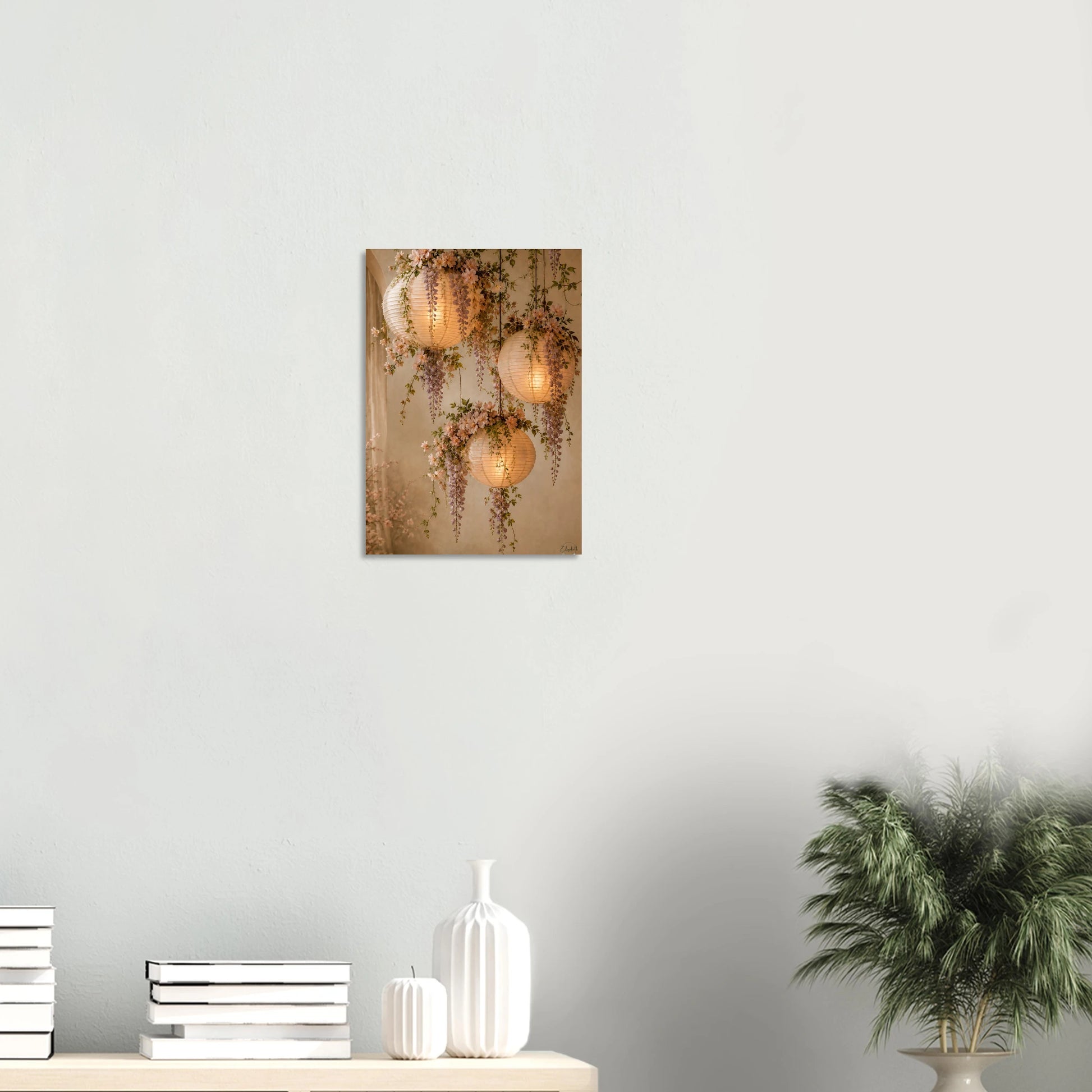 Glowing paper globe lanterns draped in botanicals. Warm amber giclee print inspired by original designs. 200gsm FSC paper. Ships worldwide.