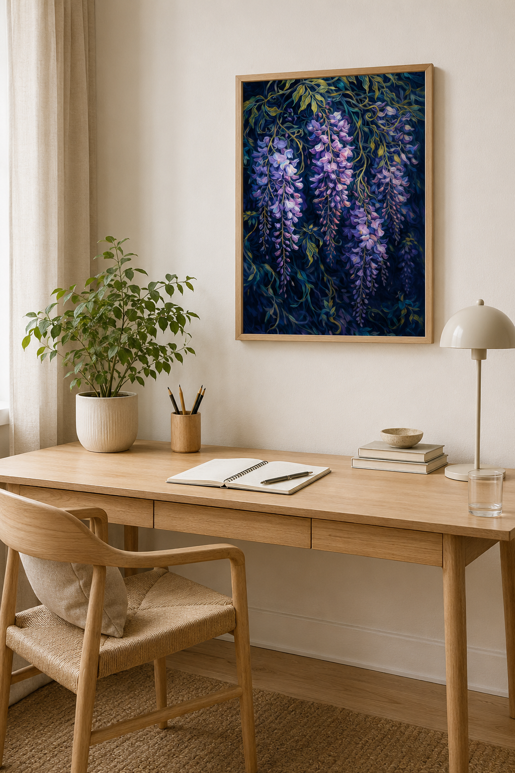 A framed vertical art print of purple wisteria flowers hanging on a cream wall above a light wood desk with a chair, plant, lamp, and books.