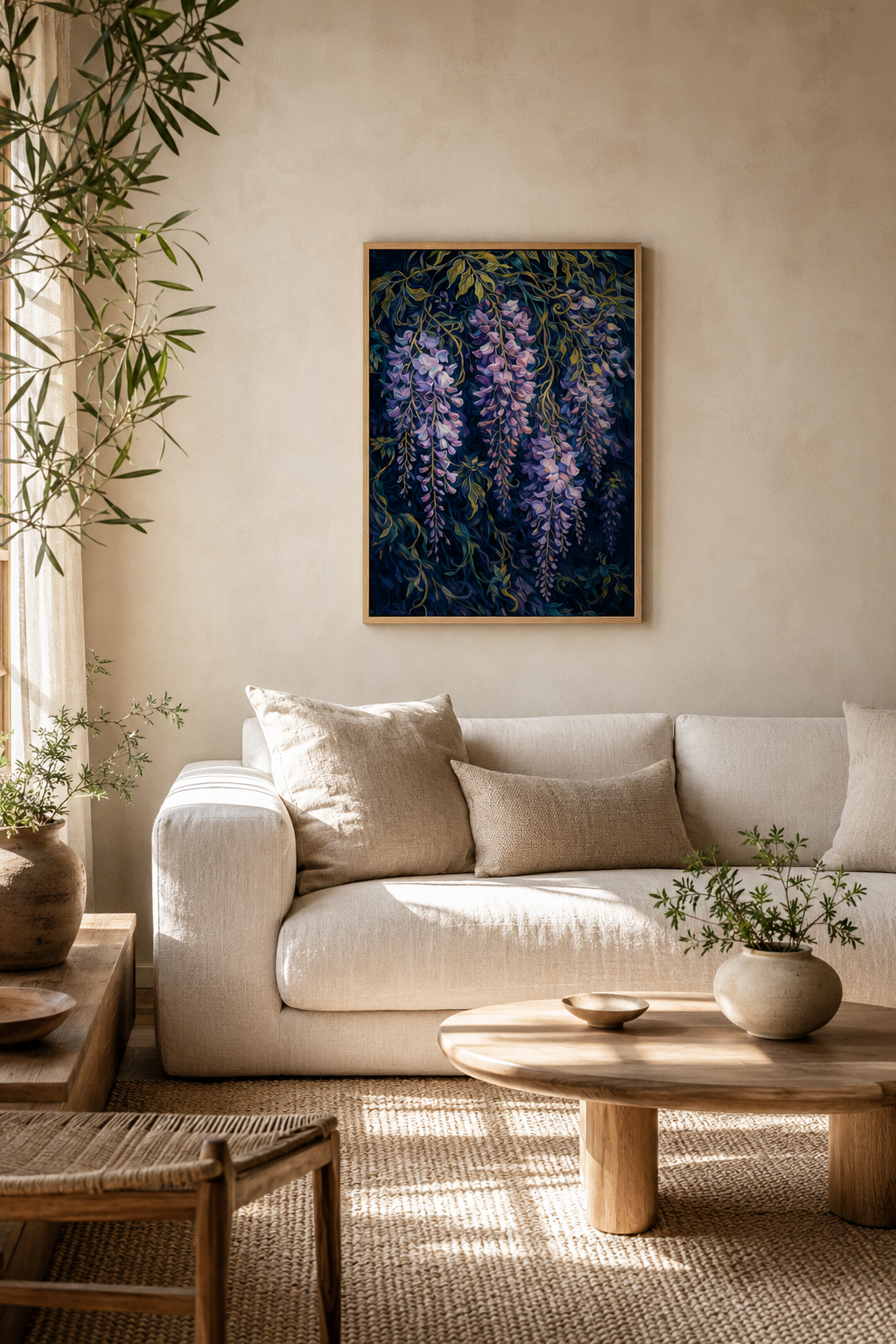 A framed vertical floral painting of purple wisteria hangs on a beige plaster wall above a cream-colored sofa in a sunlit, modern living room.