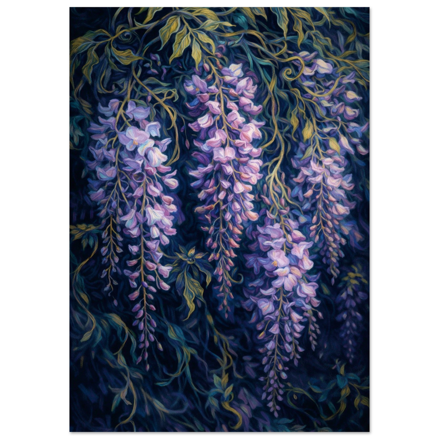 A vertical art print depicting a detailed painting of purple wisteria flowers hanging from dark, swirling vines against a deep navy background.