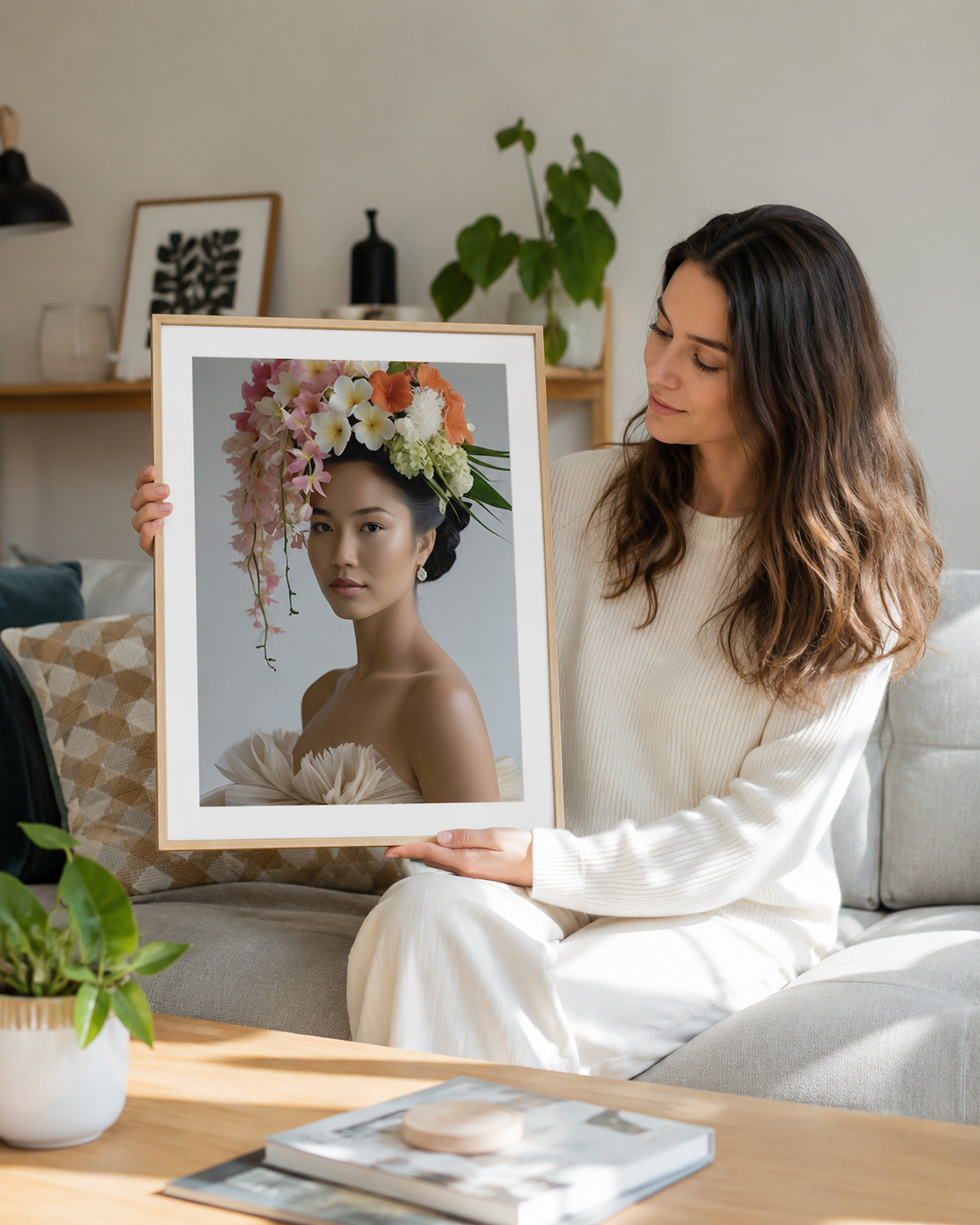 A woman in a white ribbed sweater sits on a light gray sofa in a bright living room, holding up a framed portrait print of a woman wearing a large floral headpiece.
