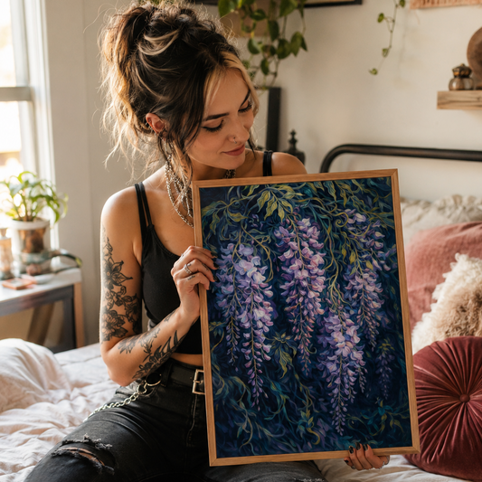 A woman with tattoos sits on a bed in a bedroom, holding up a framed painting of purple wisteria flowers against a dark blue background.