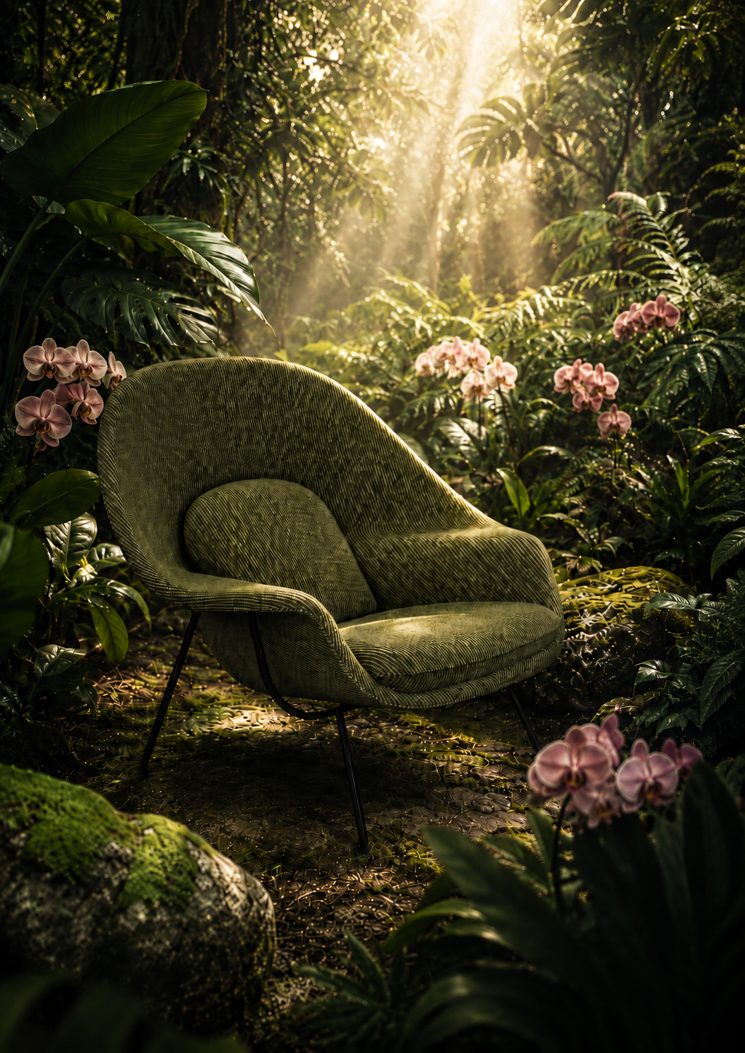 A vintage-style upholstered armchair in textured olive green fabric sits in a dense tropical jungle scene with sunlight streaming through the canopy, surrounded by green foliage, pink flowers, moss, and rocks.
