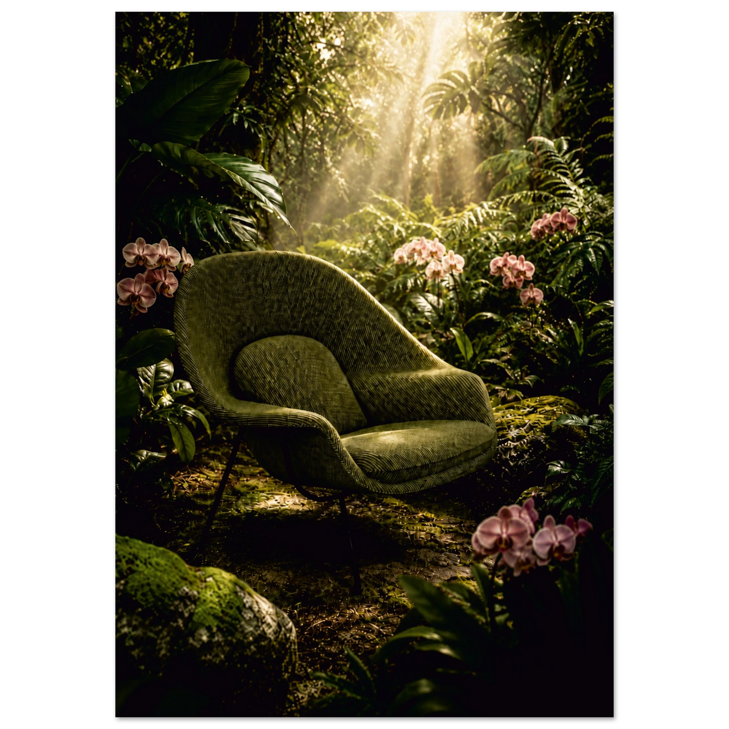 A vintage-style upholstered armchair in textured olive green sits in a dense jungle scene with lush green foliage, pink flowers, moss, and dramatic sunbeams filtering through the trees.
