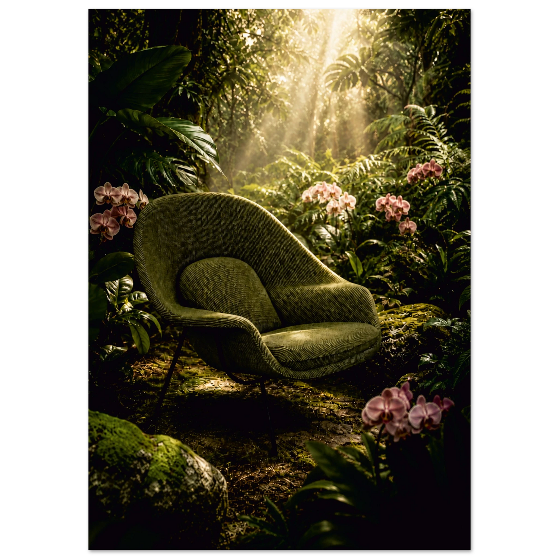 A vintage-style upholstered armchair in textured olive green sits in a dense jungle scene with lush green foliage, pink flowers, moss, and dramatic sunbeams filtering through the trees.