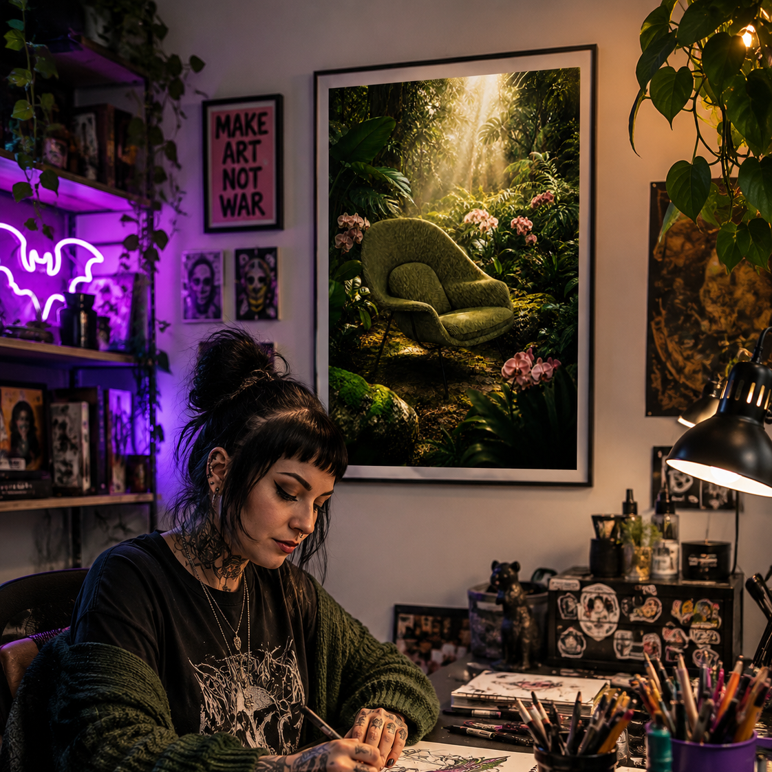 A tattoo artist sits at a desk in a cozy, dimly lit studio, drawing in a notebook. The room is decorated with shelves, a neon sign, and a large framed art print depicting a lush green jungle scene with a green womb armchair, hanging on the wall behind her.