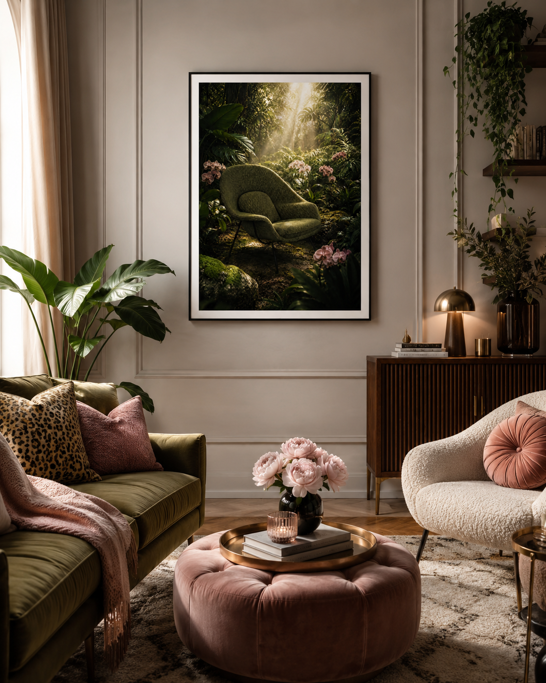 A framed art print depicting a mystical forest with a glowing green chair, displayed on a beige wall in a styled living room with an olive green sofa, a pink velvet ottoman, and a cream armchair.