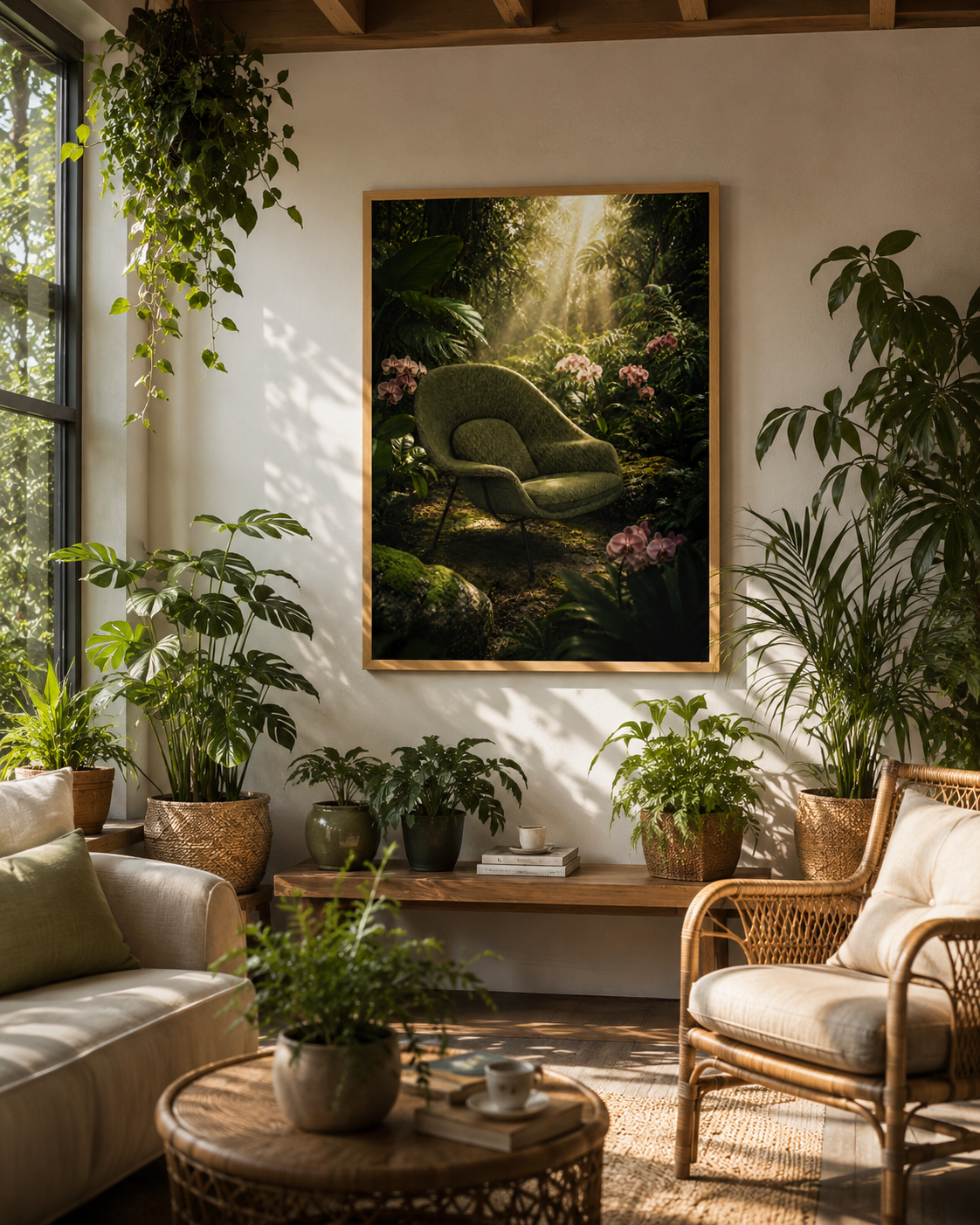 A framed vertical art print depicting a lush green forest scene with a mossy armchair and soft sunlight, displayed on a wall in a styled living room with plants, a sofa, and a rattan chair.