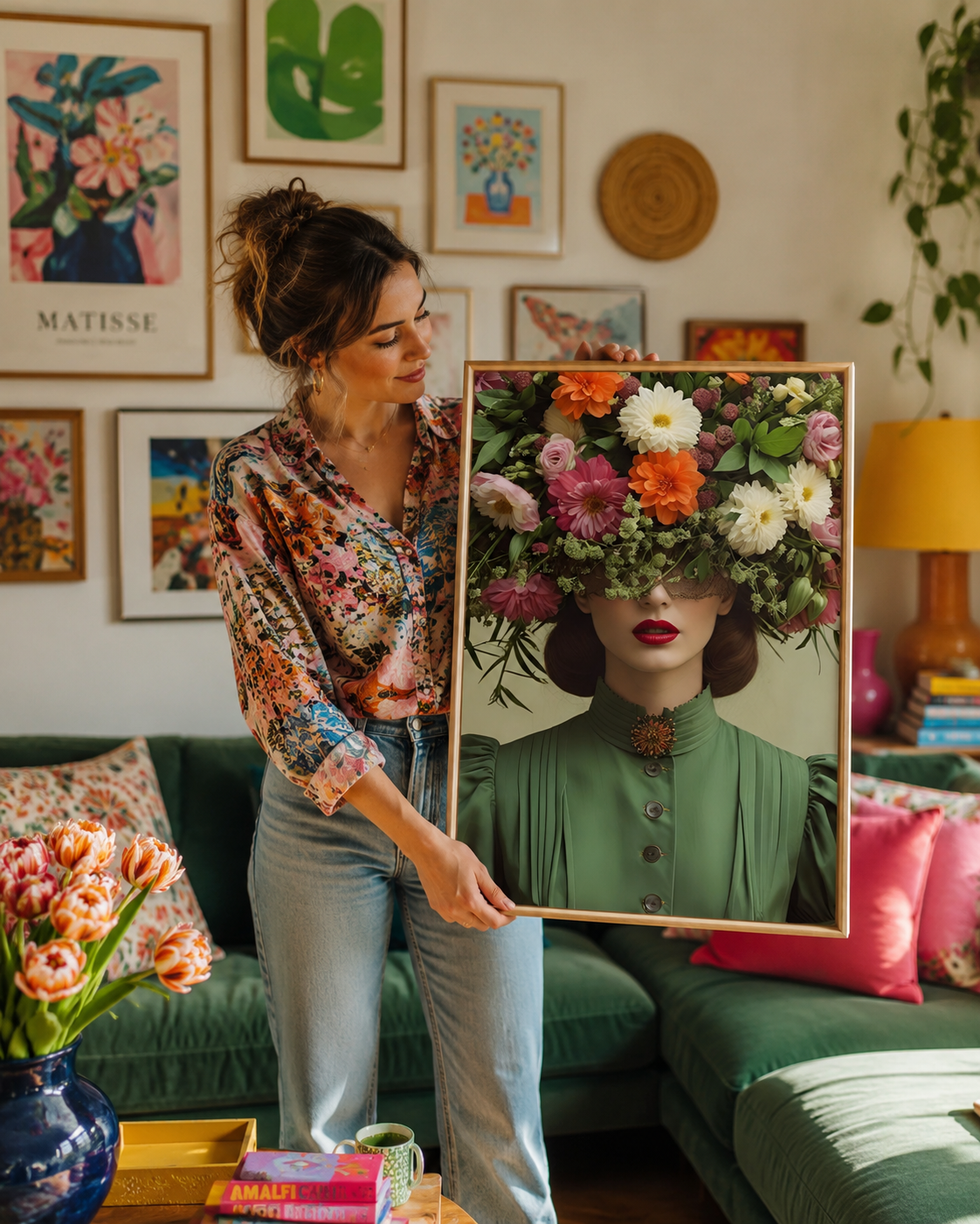 A woman in a floral blouse and jeans holds up a large framed art print in a cozy, decorated living room. The print features a woman in a green blouse with a large, colorful bouquet of flowers blooming from her hair.