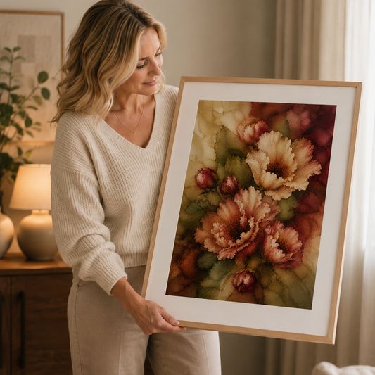 A woman in a cream ribbed sweater and matching pants holds a large framed floral art print in a warm, modern living room setting.